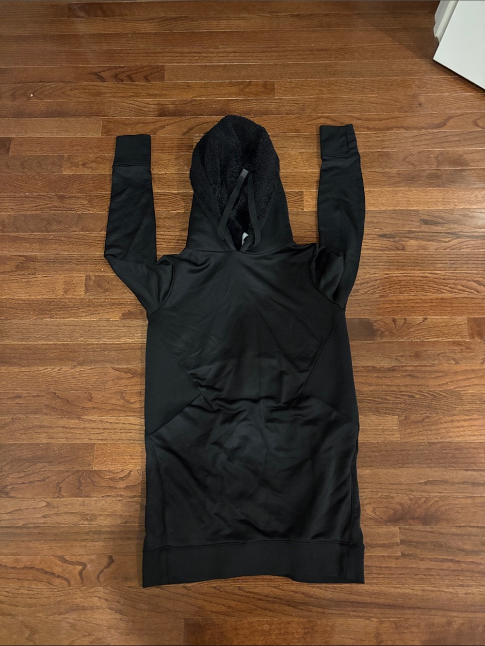 Athleta Black Hooded Dress with a faux fur lined hood
